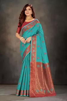 Blue woven cotton silk saree with blouse
