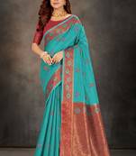 Blue woven cotton silk saree with blouse