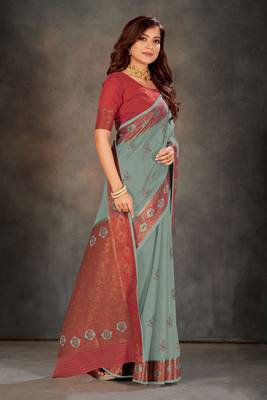 Grey woven cotton silk saree with blouse 3