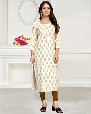 Beige printed cotton ethnic-kurtis 1