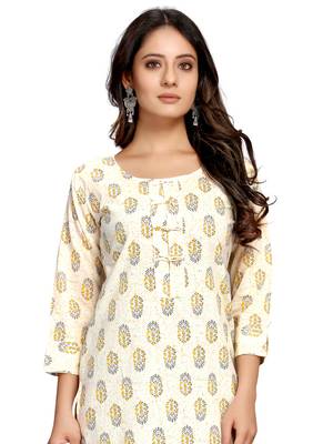 Beige printed cotton ethnic-kurtis 2