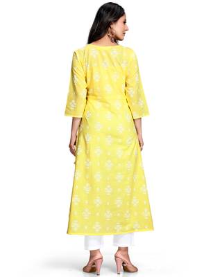 Yellow printed cotton ethnic-kurtis 2