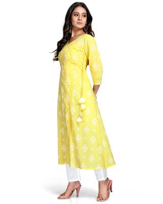 Yellow printed cotton ethnic-kurtis 3