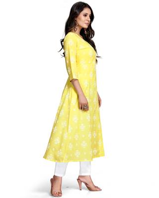Yellow printed cotton ethnic-kurtis 4