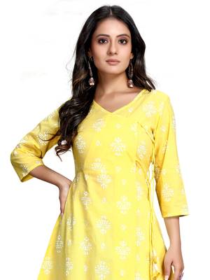 Yellow printed cotton ethnic-kurtis 5