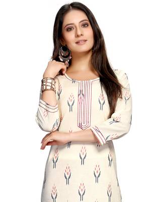 Off-white printed cotton ethnic-kurtis 5