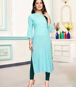 Sky-blue printed cotton ethnic-kurtis