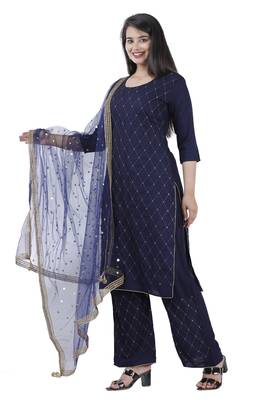 AL-AHAD Solid Printed Rayon Kurti With Palazzo & Worked Dupatta Set. 1