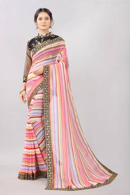 Pink printed georgette saree with blouse 1