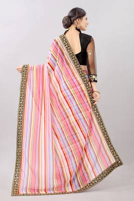 Pink printed georgette saree with blouse 2