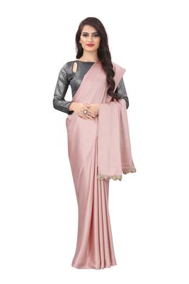 Light peach plain satin saree with blouse 1