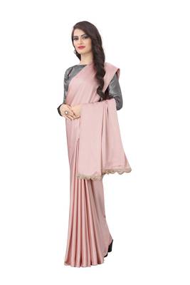 Light peach plain satin saree with blouse 2