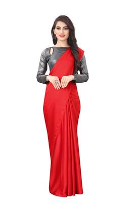 Red plain satin saree with blouse 1