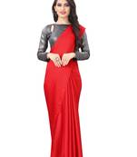 Red plain satin saree with blouse