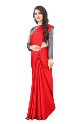 Red plain satin saree with blouse 2