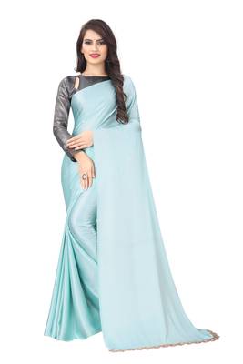 Light blue plain satin saree with blouse 1