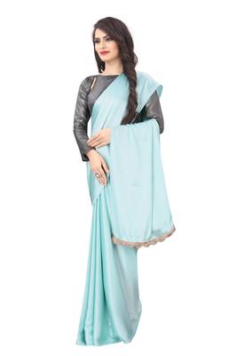 Light blue plain satin saree with blouse 2
