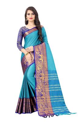 Blue woven cotton silk saree with blouse 1