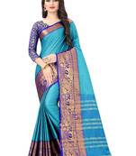 Blue woven cotton silk saree with blouse