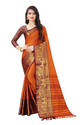 Orange woven cotton silk saree with blouse 1