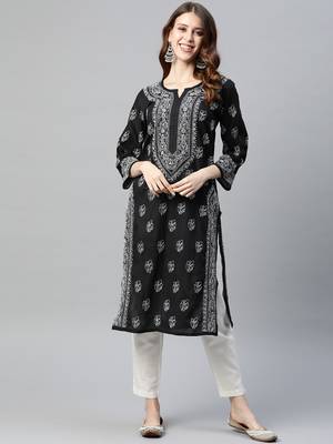 ADA Black Hand Embroidered Cotton Lucknow Chikankari Women Kurta - A220801 1