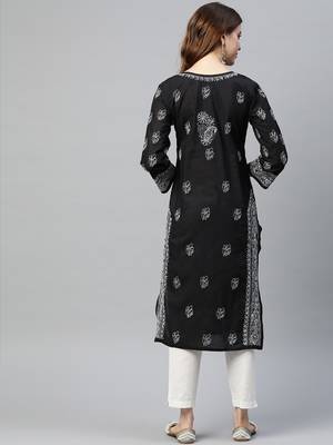 ADA Black Hand Embroidered Cotton Lucknow Chikankari Women Kurta - A220801 2