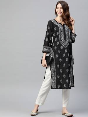ADA Black Hand Embroidered Cotton Lucknow Chikankari Women Kurta - A220801 4
