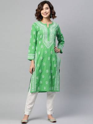 Ada Hand Embroidered Green Cotton Lucknowi Chikan Kurta - A220826 1