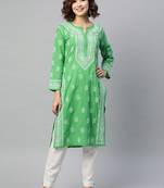 Ada Hand Embroidered Green Cotton Lucknowi Chikan Kurta - A220826