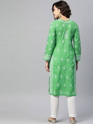 Ada Hand Embroidered Green Cotton Lucknowi Chikan Kurta - A220826 2