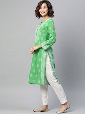 Ada Hand Embroidered Green Cotton Lucknowi Chikan Kurta - A220826 3
