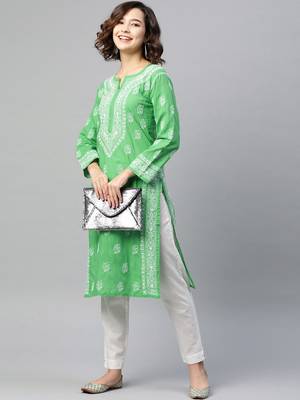 Ada Hand Embroidered Green Cotton Lucknowi Chikan Kurta - A220826 4