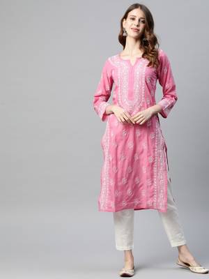 Ada Hand Embroidered Pink Cotton Lucknow Chikan Kurti 1