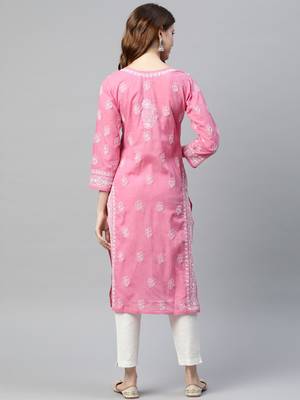 Ada Hand Embroidered Pink Cotton Lucknow Chikan Kurti 2