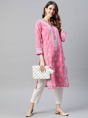 Ada Hand Embroidered Pink Cotton Lucknow Chikan Kurti 3