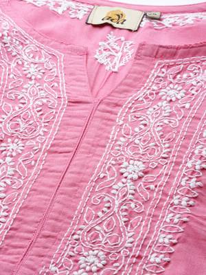 Ada Hand Embroidered Pink Cotton Lucknow Chikan Kurti 4