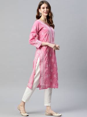 Ada Hand Embroidered Pink Cotton Lucknow Chikan Kurti 5