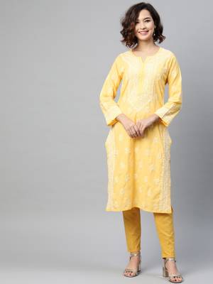Ada Hand Embroidered Yellow Cotton Lucknow Chikan Women Kurta - A220732 1
