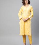 Ada Hand Embroidered Yellow Cotton Lucknow Chikan Women Kurta - A220732
