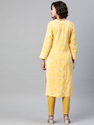 Ada Hand Embroidered Yellow Cotton Lucknow Chikan Women Kurta - A220732 2