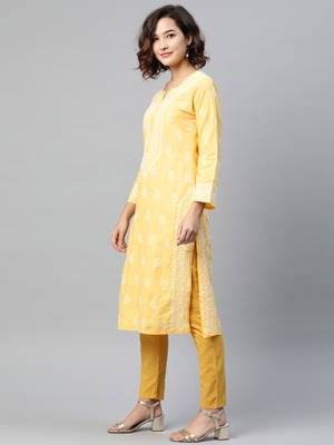 Ada Hand Embroidered Yellow Cotton Lucknow Chikan Women Kurta - A220732 3