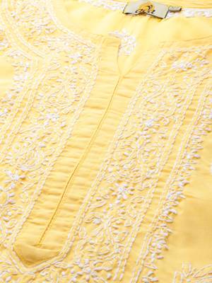 Ada Hand Embroidered Yellow Cotton Lucknow Chikan Women Kurta - A220732 4