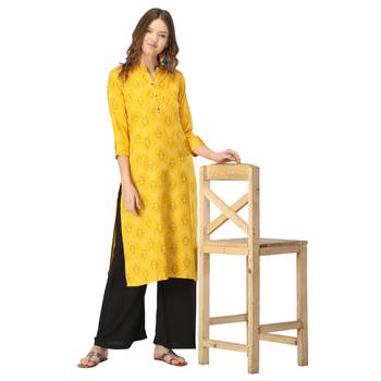 Yellow printed rayon long-kurtis 5