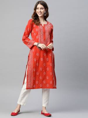 Ada Hand Embroidered Red Cotton Lucknowi Chikan Women Kurti - A220800 1