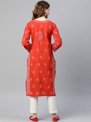 Ada Hand Embroidered Red Cotton Lucknowi Chikan Women Kurti - A220800 2