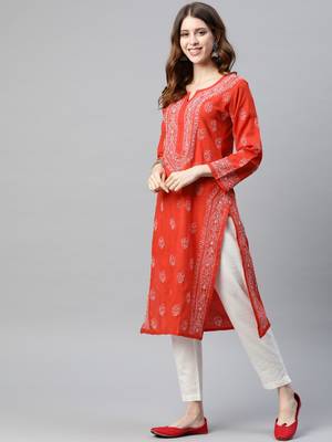 Ada Hand Embroidered Red Cotton Lucknowi Chikan Women Kurti - A220800 3
