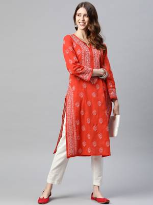 Ada Hand Embroidered Red Cotton Lucknowi Chikan Women Kurti - A220800 4
