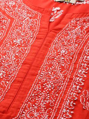 Ada Hand Embroidered Red Cotton Lucknowi Chikan Women Kurti - A220800 5