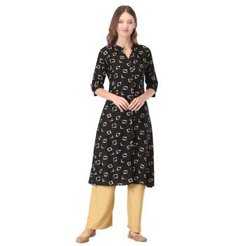 Black printed rayon long-kurtis 1