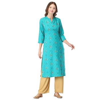 Turquoise printed rayon long-kurtis 1